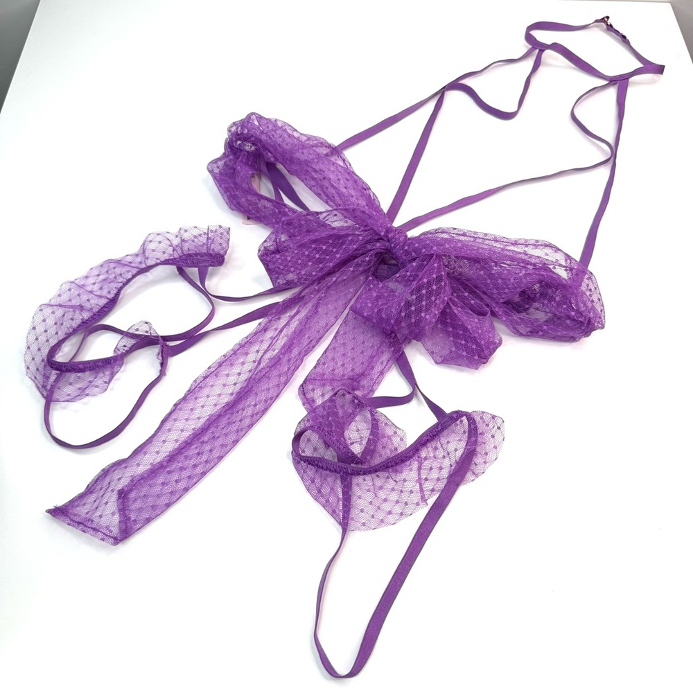 Victoria’s Secret Purple Very Sexy Bow Mesh Open-Cup Crotchless Playsuit NEW - Picture 4 of 10